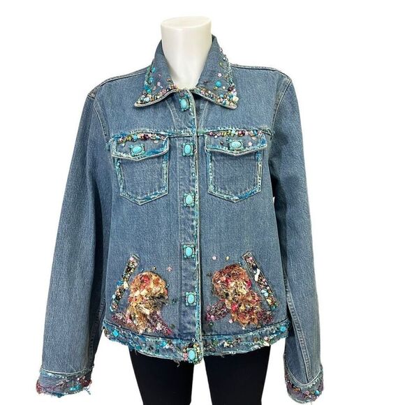 MARY FRANCES Vintage Beaded & Embellished Denim Jacket Turquoise button sz Large - Picture 1 of 11